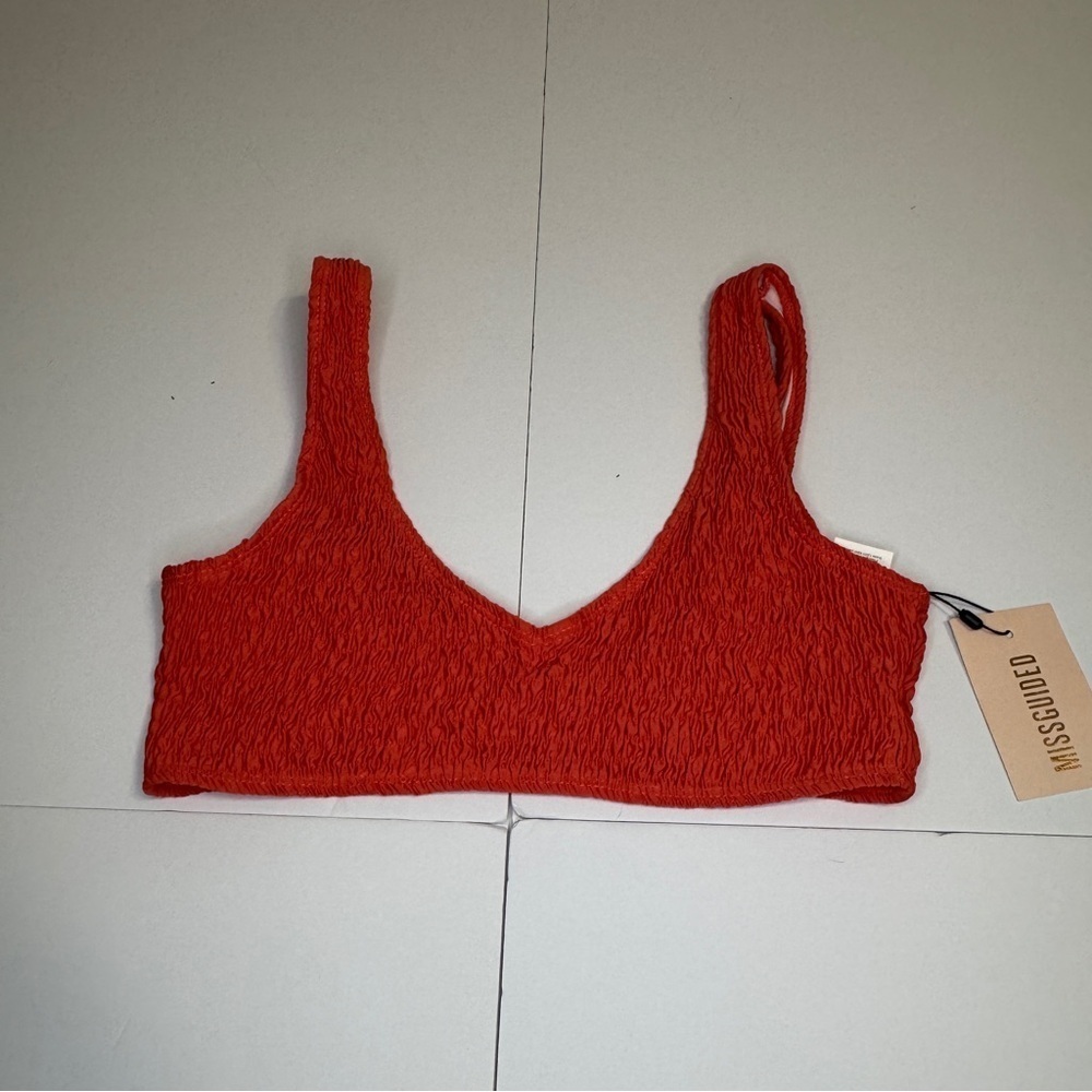 Missguided Crinkle V-Neck Bikini Top Peach Orange US 8 | Size Medium | NWT
